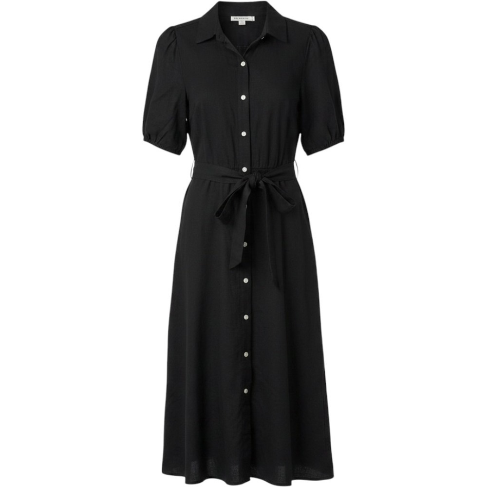 Free Assembly Black Linen Blend Puff Sleeve Midi Shirtdress Small Pocket Belted